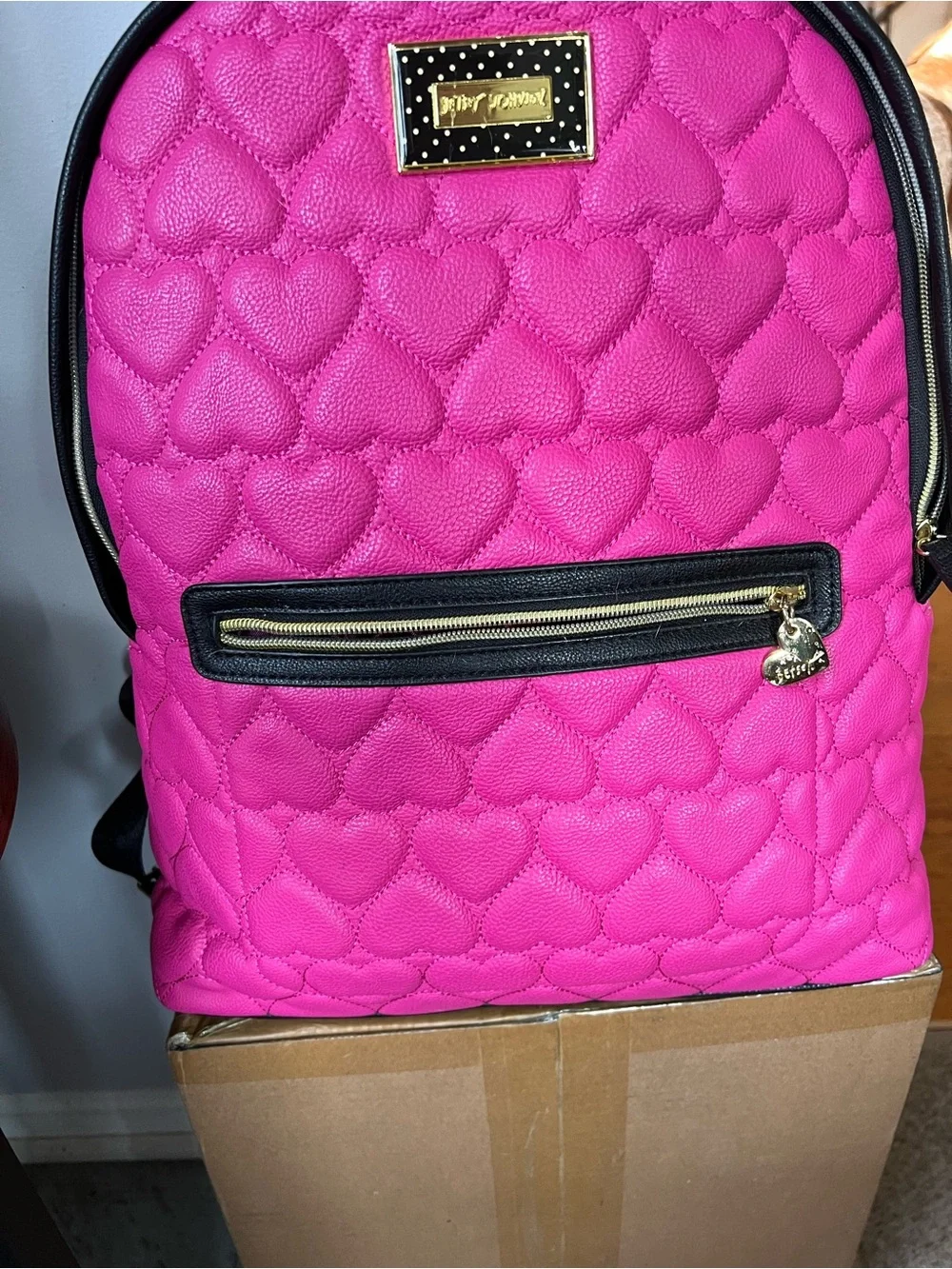 Betsey Johnson Bright Pink Quilted Heart Backpack with Black Trim